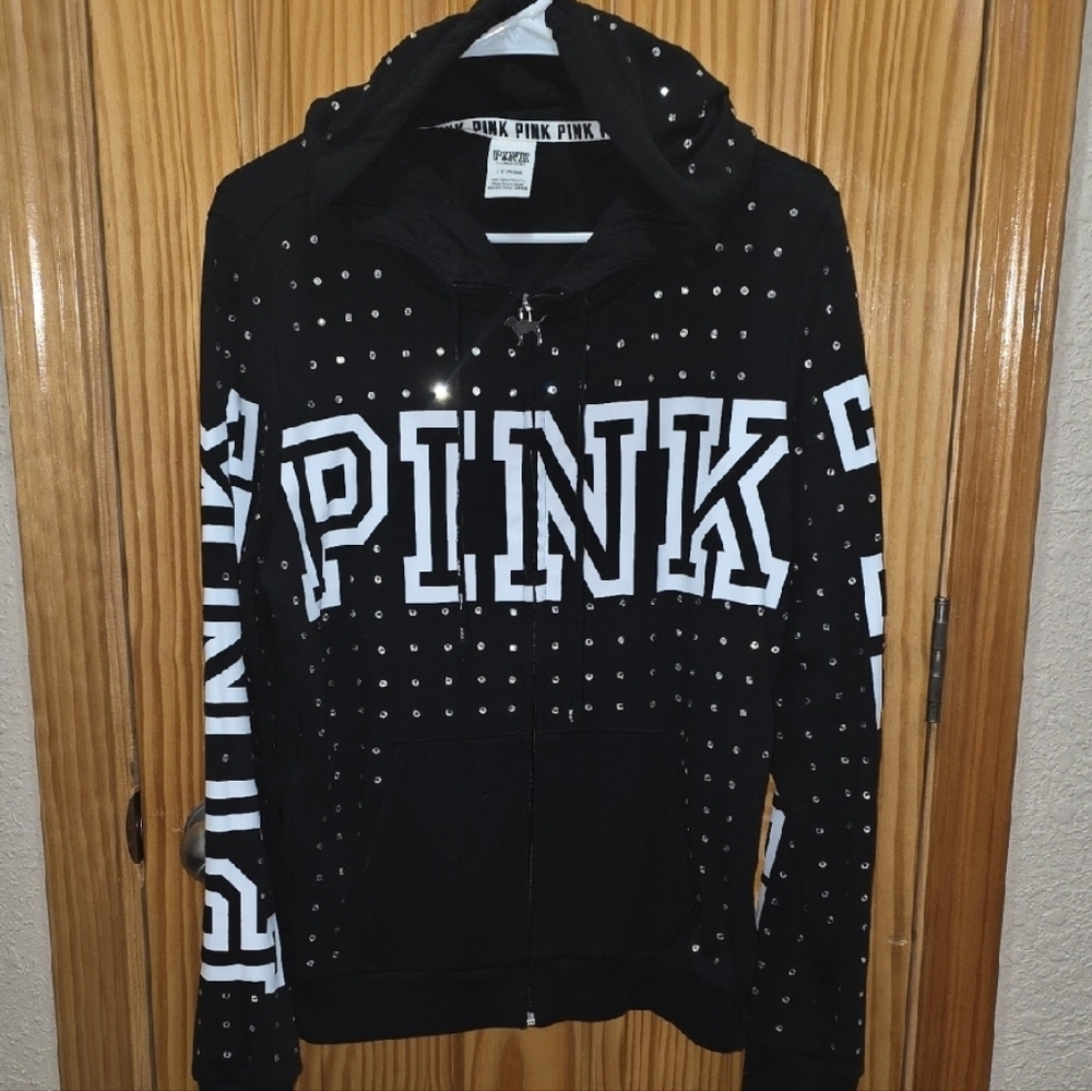 VS PINK - Black Bling Hoodie with White PINK Logo And Dog Zipper
